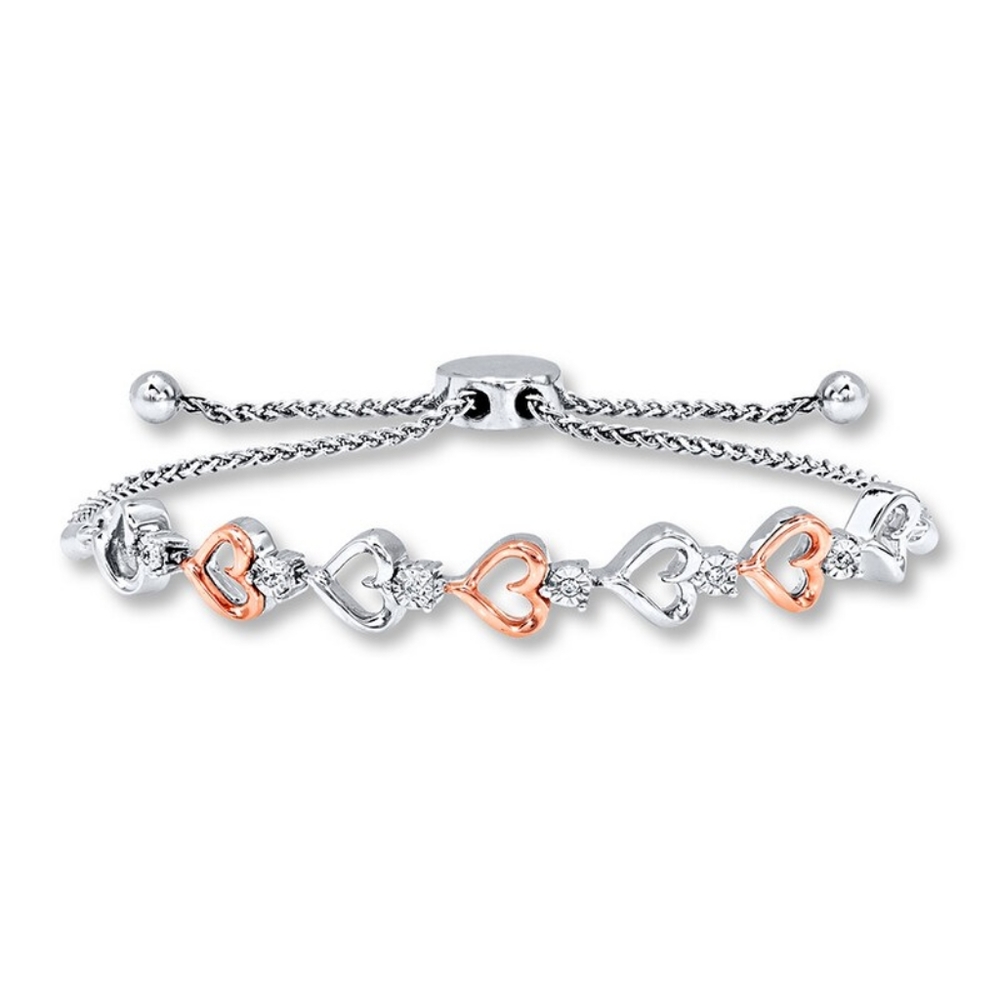 Heart Diamond Bolo Bracelet Sterling Silver & 10K Rose Gold